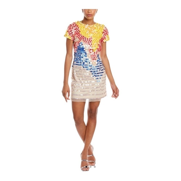 NWT AIDAN MATTOX Short Sleeve Beaded Sequin Mini Sheath Dress Multicolor Size 8 - Picture 5 of 13